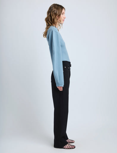 Proenza Schouler Side image of model wearing Carolina Sweater in Souffle Knit in LARK BLUE