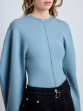 Proenza Schouler Detail image of model wearing Carolina Sweater in Souffle Knit in LARK BLUE