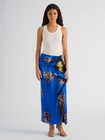 Proenza Schouler Full Length Front image of model wearing the Cella Skirt in Double printed Viscose Cady in Cerulean