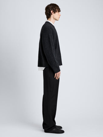 Proenza Schouler Side full length image of model wearing Charles Sweater in Spongy Yak in Charcoal