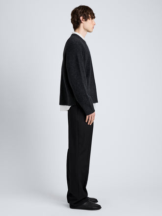 Proenza Schouler Side full length image of model wearing Charles Sweater in Spongy Yak in Charcoal