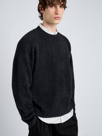 Proenza Schouler Detail image of model wearing Charles Sweater in Spongy Yak in Charcoal