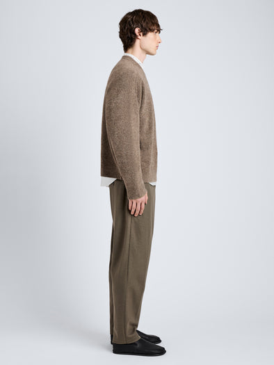 Proenza Schouler Side full length image of model wearing Charles Sweater in Spongy Yak in Taupe