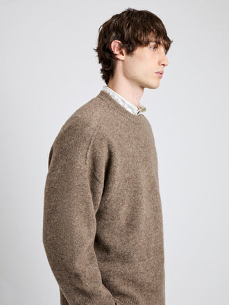 Proenza Schouler Detail image of model wearing Charles Sweater in Spongy Yak in Taupe