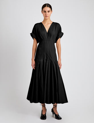 Proenza Schouler front image of model wearing Ciara Dress in Eco Compact Poplin in black