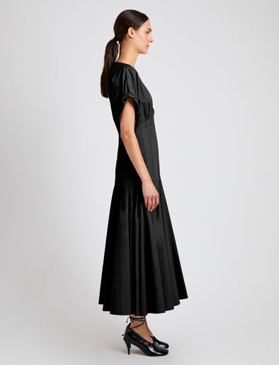 Proenza Schouler side image of model wearing Ciara Dress in Eco Compact Poplin in black