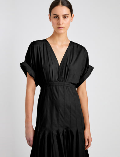 Proenza Schouler detail image of model wearing Ciara Dress in Eco Compact Poplin in black