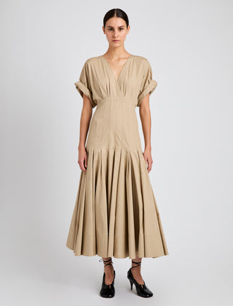 Proenza Schouler front image of model wearing Ciara Dress in Eco Compact Poplin in khaki