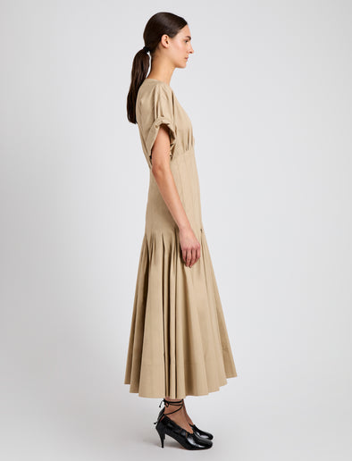 Proenza Schouler side image of model wearing Ciara Dress in Eco Compact Poplin in khaki