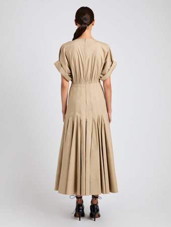 Proenza Schouler back image of model wearing Ciara Dress in Eco Compact Poplin in khaki