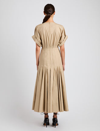 Proenza Schouler back image of model wearing Ciara Dress in Eco Compact Poplin in khaki