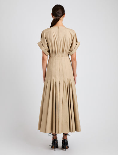 Proenza Schouler back image of model wearing Ciara Dress in Eco Compact Poplin in khaki