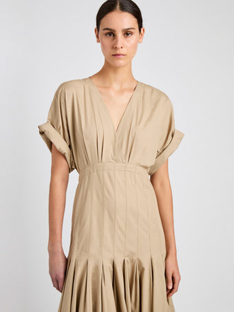 Proenza Schouler detail image of model wearing Ciara Dress in Eco Compact Poplin in khaki