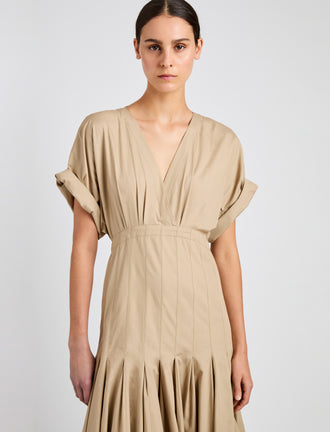 Proenza Schouler detail image of model wearing Ciara Dress in Eco Compact Poplin in khaki
