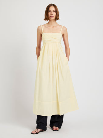 Proenza Schouler Front full length image of model wearing Claudine Dress in Tech Poplin in Light Butter