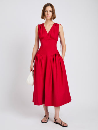 Proenza Schouler Front full length image of model wearing Clayton Dress in Poplin in Dark Poppy