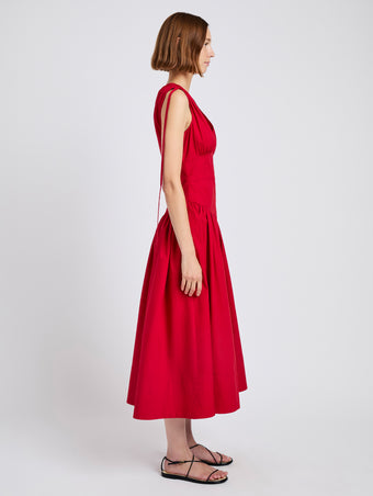 Proenza Schouler Side full length image of model wearing Clayton Dress in Poplin in Dark Poppy