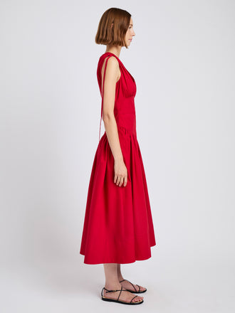 Proenza Schouler Side full length image of model wearing Clayton Dress in Poplin in Dark Poppy