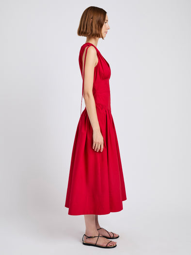 Proenza Schouler Side full length image of model wearing Clayton Dress in Poplin in Dark Poppy