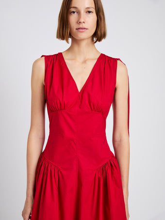 Proenza Schouler Detail image of model wearing Clayton Dress in Poplin in Dark Poppy