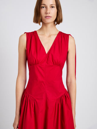 Proenza Schouler Detail image of model wearing Clayton Dress in Poplin in Dark Poppy