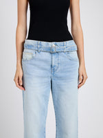 Proenza Schouler detail image of model wearing Cropped Ellsworth in light wash