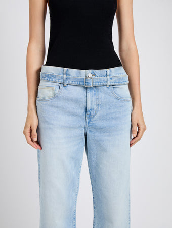 Proenza Schouler detail image of model wearing Cropped Ellsworth in light wash