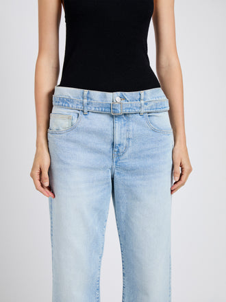 Proenza Schouler detail image of model wearing Cropped Ellsworth in light wash