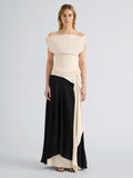 Proenza Schouler Front Full length image of model wearing the Daliah Dress in Satin Back Crepe in Ecru Black