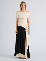 Proenza Schouler Front Full length image of model wearing the Daliah Dress in Satin Back Crepe in Ecru Black