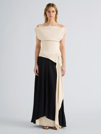 Proenza Schouler Front Full length image of model wearing the Daliah Dress in Satin Back Crepe in Ecru Black