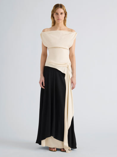 Proenza Schouler Front Full length image of model wearing the Daliah Dress in Satin Back Crepe in Ecru Black