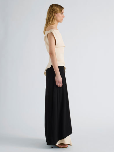 Proenza Schouler Side Full length image of model wearing the Daliah Dress in Satin Back Crepe in Ecru Black