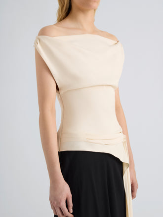 Proenza Schouler Front detail image of model wearing the Daliah Dress in Satin Back Crepe in Ecru Black