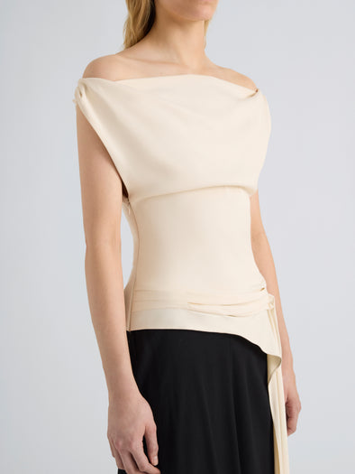 Proenza Schouler Front detail image of model wearing the Daliah Dress in Satin Back Crepe in Ecru Black