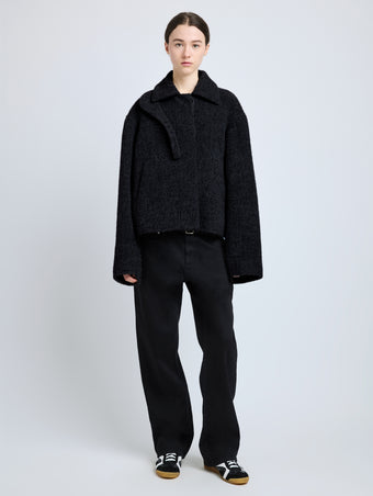 Front image of model wearing Darcy Jacket in Brushed Wool Cashmere in black