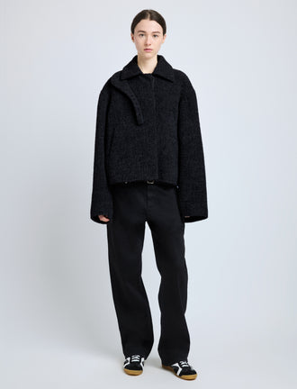 Front image of model wearing Darcy Jacket in Brushed Wool Cashmere in black