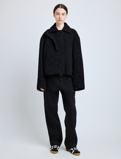 Front image of model wearing Darcy Jacket in Brushed Wool Cashmere in black