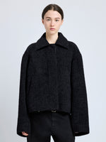 Cropped front image of model wearing Darcy Jacket in Brushed Wool Cashmere in black