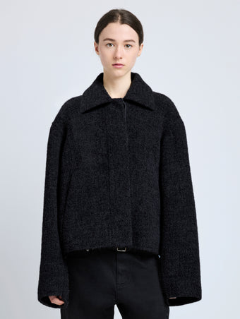 Cropped front image of model wearing Darcy Jacket in Brushed Wool Cashmere in black