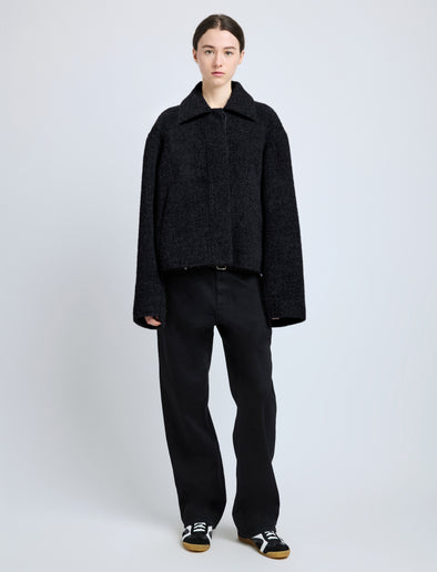 Front image of model wearing Darcy Jacket in Brushed Wool Cashmere in black