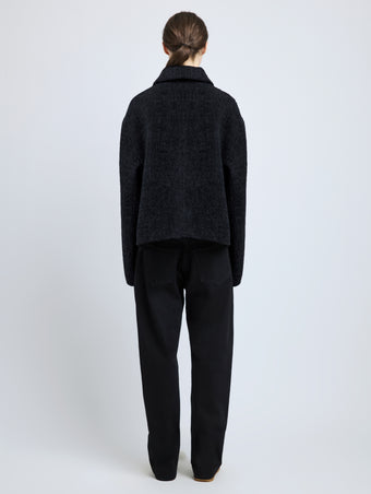 Back image of model wearing Darcy Jacket in Brushed Wool Cashmere in black
