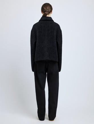 Back image of model wearing Darcy Jacket in Brushed Wool Cashmere in black