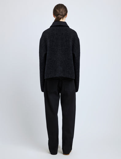 Back image of model wearing Darcy Jacket in Brushed Wool Cashmere in black