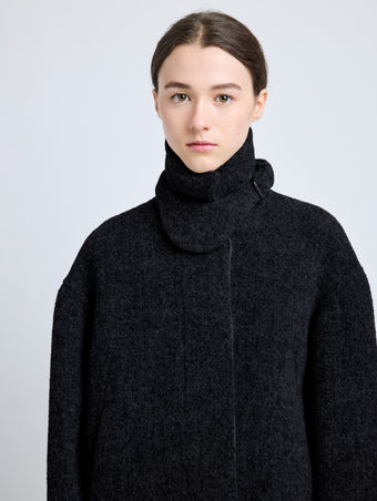 Detail image of model wearing Darcy Jacket in Brushed Wool Cashmere in black