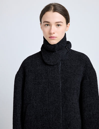 Detail image of model wearing Darcy Jacket in Brushed Wool Cashmere in black