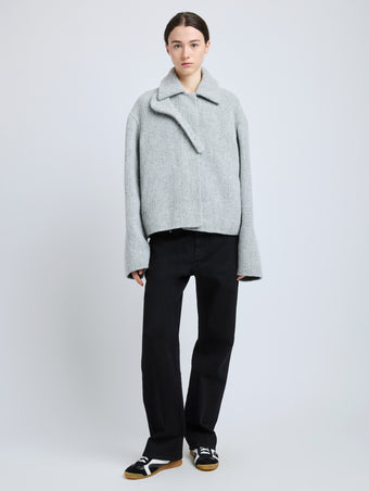 Front image of model wearing Darcy Jacket in Brushed Wool Cashmere in light grey melange