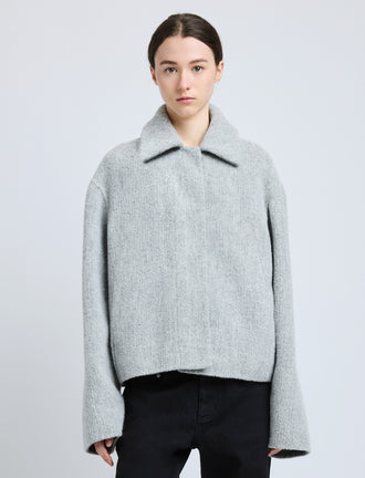 Cropped front image of model wearing Darcy Jacket in Brushed Wool Cashmere in light grey melange