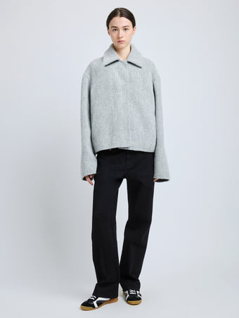 Front image of model wearing Darcy Jacket in Brushed Wool Cashmere in light grey melange