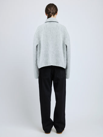 Back image of model wearing Darcy Jacket in Brushed Wool Cashmere in light grey melange